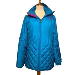 The North Face Womens Quilted Puffer Hooded Jacket Size M Blue‎ Pink Trim